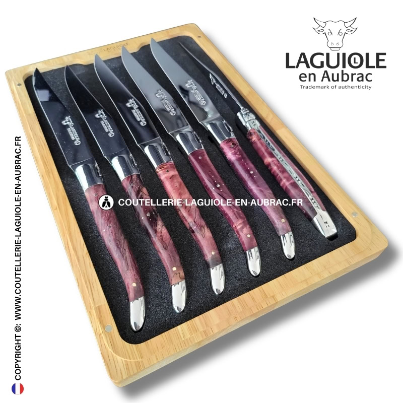 couteaux de table laguiole en aubrac en loupe de peuplier lie de vin (set de 6)