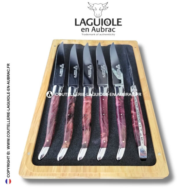 couteaux de table laguiole en aubrac en loupe de peuplier lie de vin (set de 6)