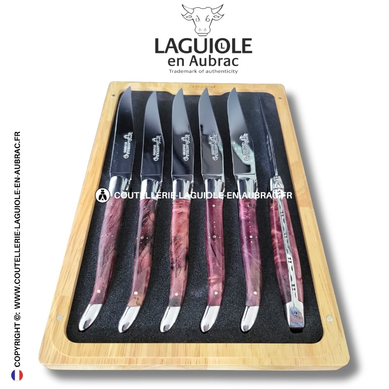 couteaux de table laguiole en aubrac en loupe de peuplier lie de vin (set de 6)