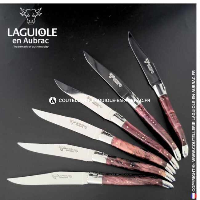 couteaux de table laguiole en aubrac en loupe de peuplier lie de vin (set de 6)