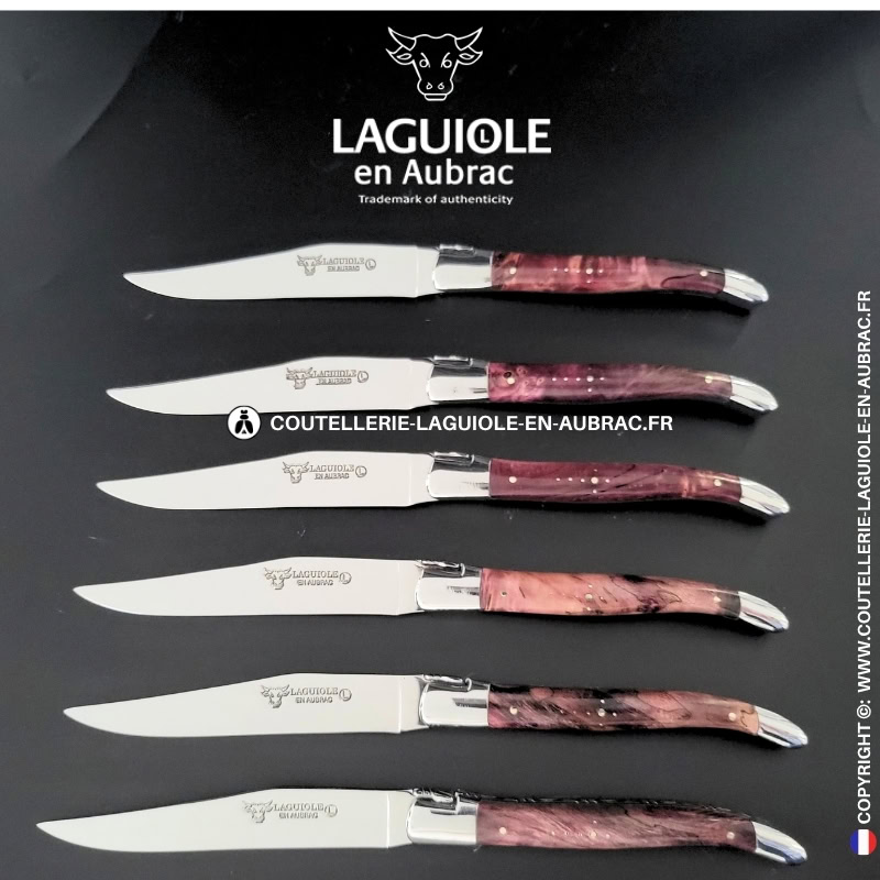 couteaux de table laguiole en aubrac en loupe de peuplier lie de vin (set de 6)