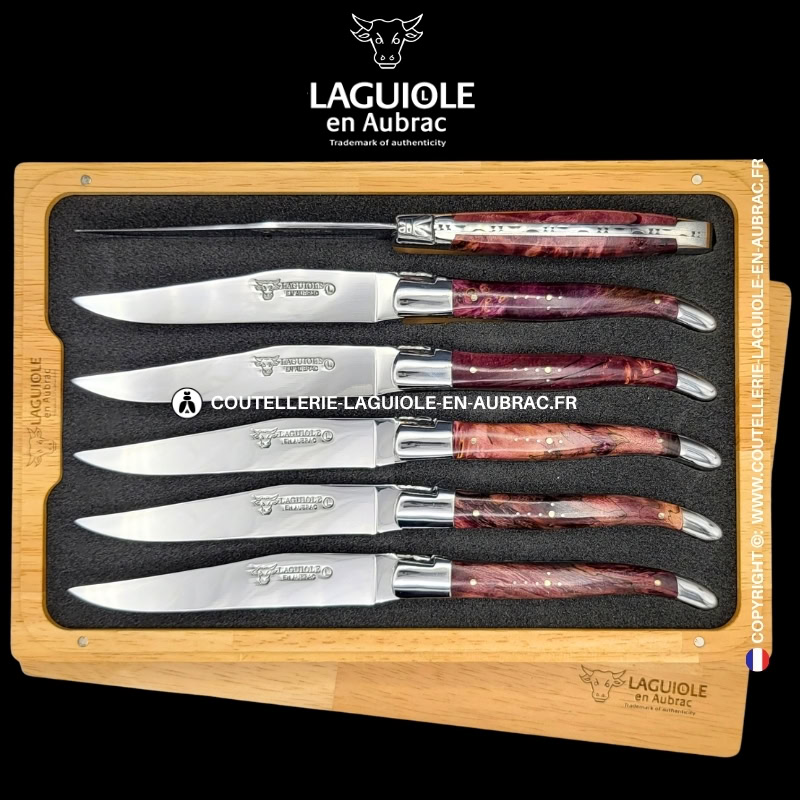 couteaux de table laguiole en aubrac en loupe de peuplier lie de vin (set de 6)