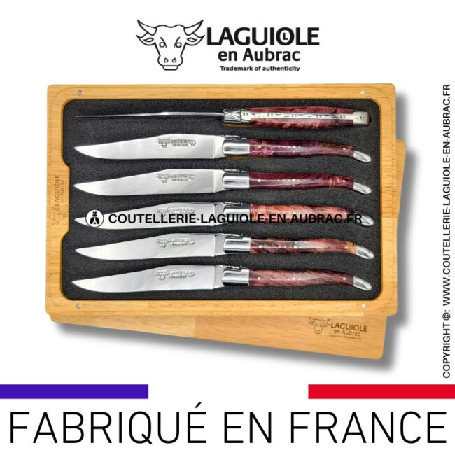 couteaux de table laguiole en aubrac en loupe de peuplier lie de vin (set de 6)
