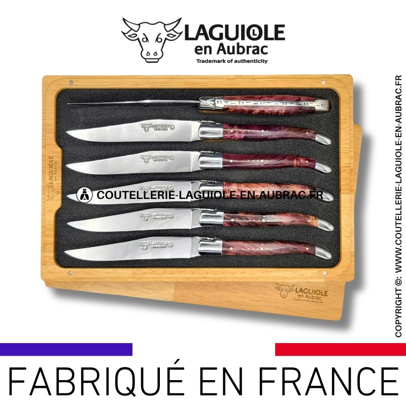 couteaux de table laguiole en aubrac en loupe de peuplier lie de vin (set de 6)