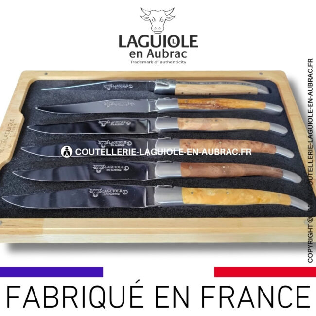 couteaux de table laguiole en aubrac en loupe et bois européens (set de 6)
