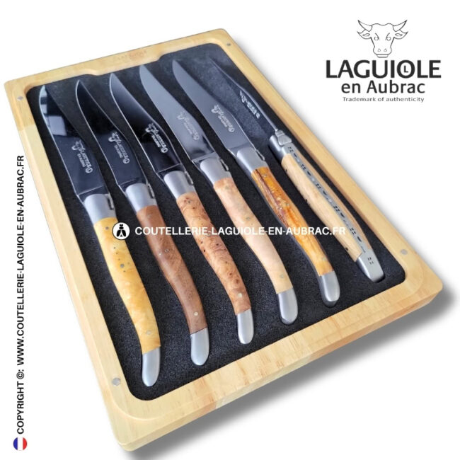 couteaux de table laguiole en aubrac en loupe et bois européens (set de 6)