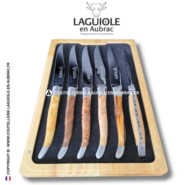 couteaux de table laguiole en aubrac en loupe et bois européens (set de 6)