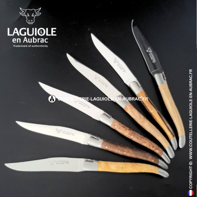 couteaux de table laguiole en aubrac en loupe et bois européens (set de 6)