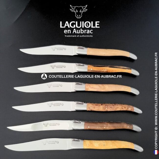 couteaux de table laguiole en aubrac en loupe et bois européens (set de 6)