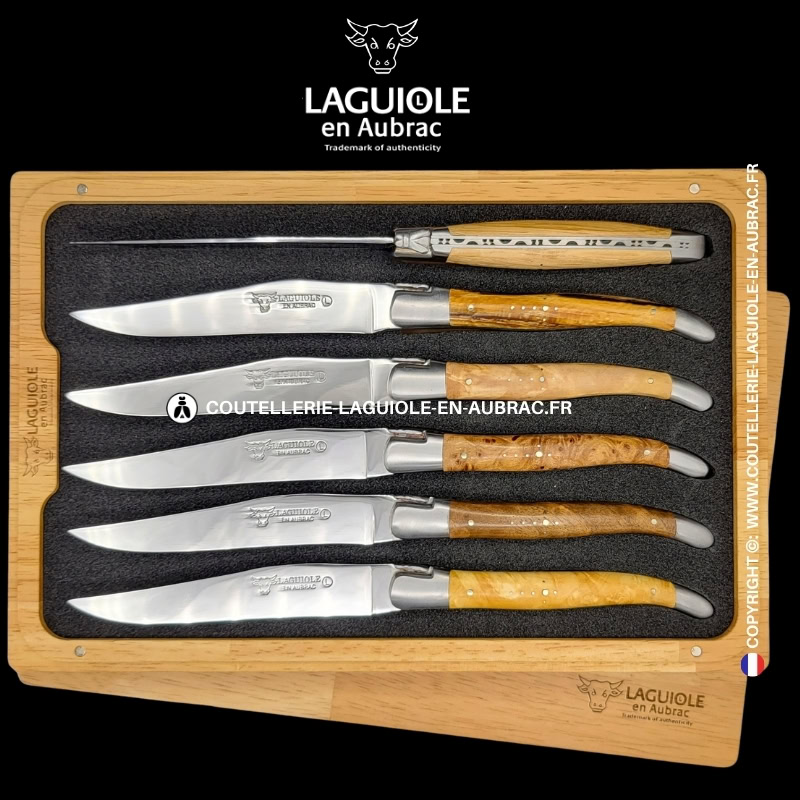 couteaux de table laguiole en aubrac en loupe et bois européens (set de 6)