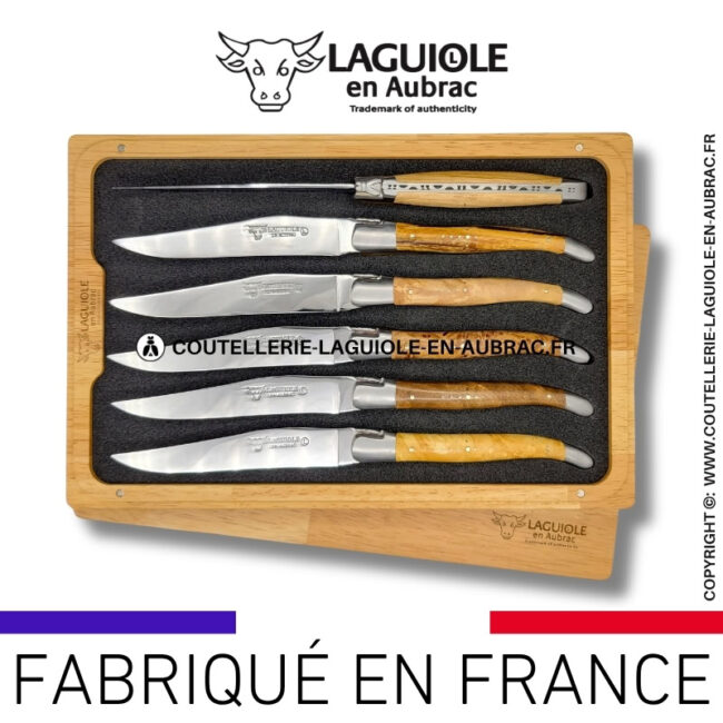 couteaux de table laguiole en aubrac en loupe et bois européens (set de 6)