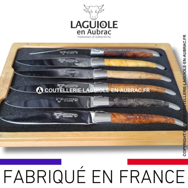 couteaux de table laguiole en aubrac en loupe et bois mixtes (set de 6)