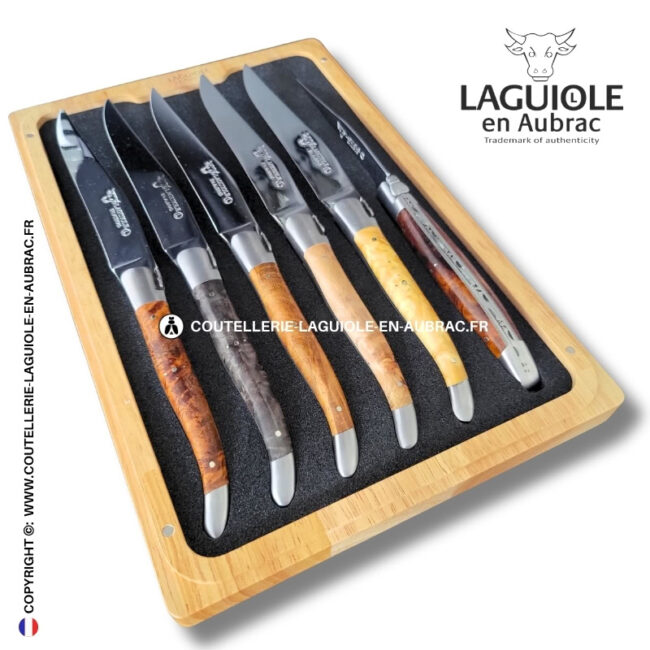 couteaux de table laguiole en aubrac en loupe et bois mixtes (set de 6)