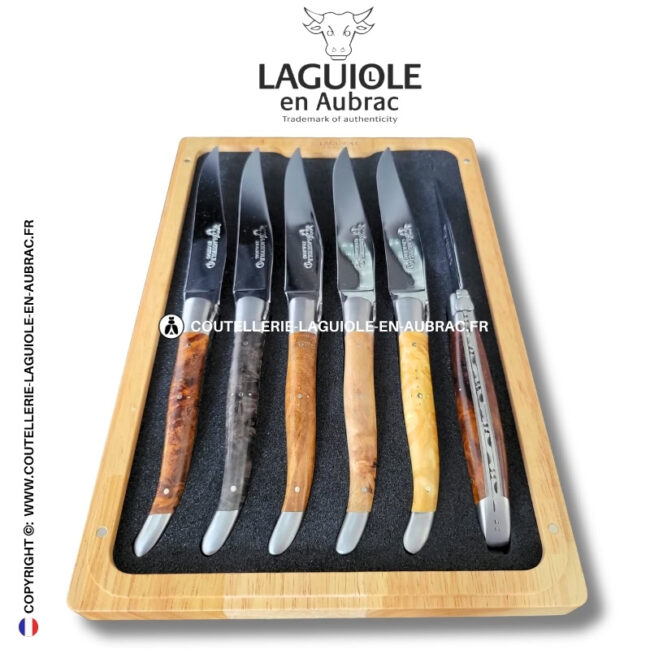 couteaux de table laguiole en aubrac en loupe et bois mixtes (set de 6)