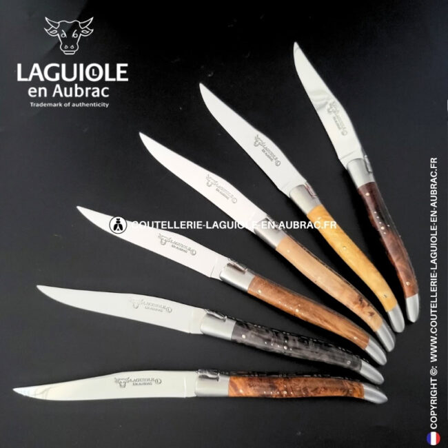 couteaux de table laguiole en aubrac en loupe et bois mixtes (set de 6)