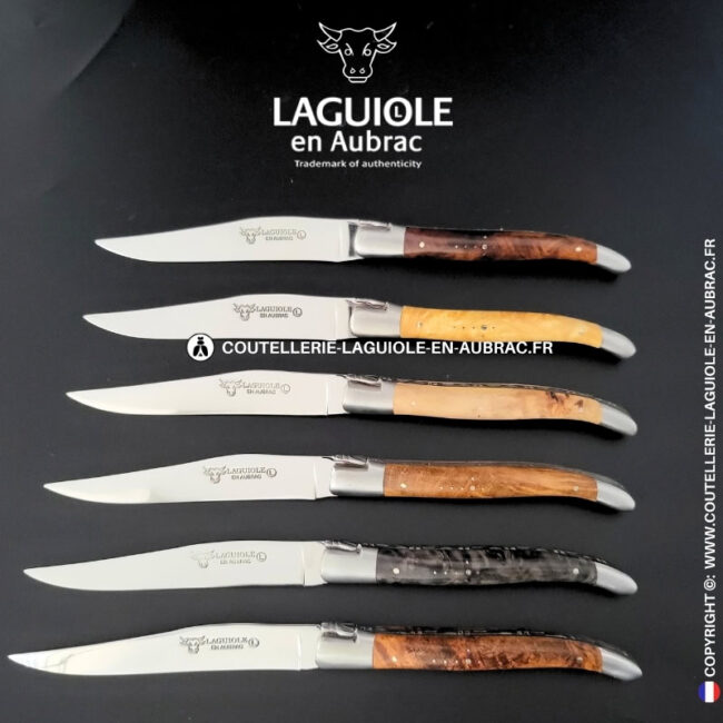 couteaux de table laguiole en aubrac en loupe et bois mixtes (set de 6)