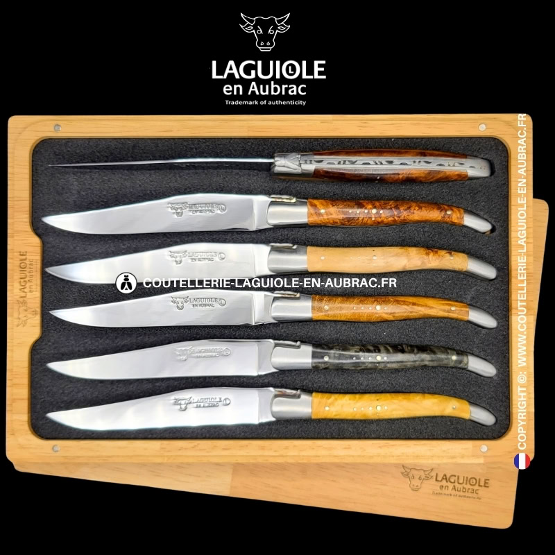 couteaux de table laguiole en aubrac en loupe et bois mixtes (set de 6)
