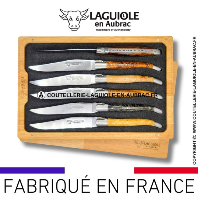 couteaux de table laguiole en aubrac en loupe et bois mixtes (set de 6)
