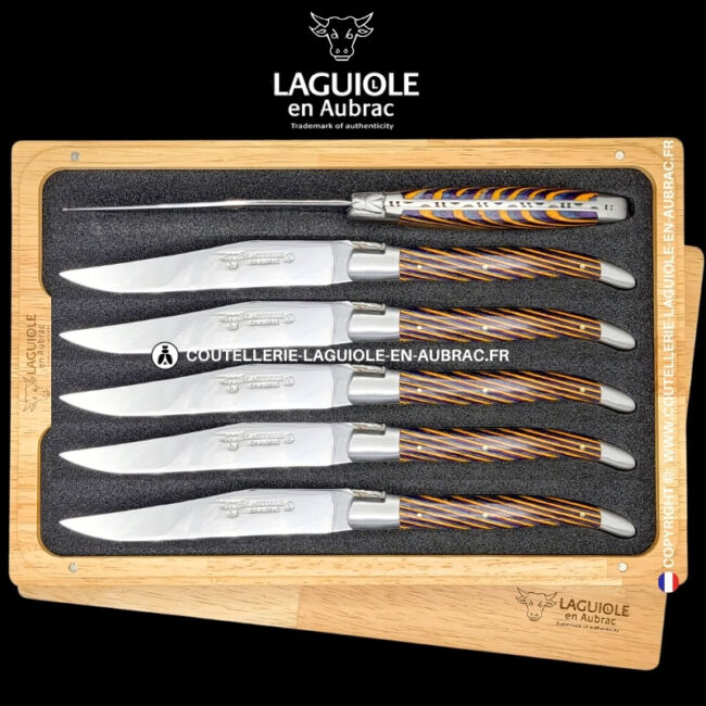 couteaux de table laguiole en aubrac en marqueterie bicolore jaune (set de 6)