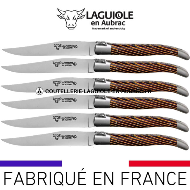 couteaux de table laguiole en aubrac en marqueterie bicolore jaune (set de 6)