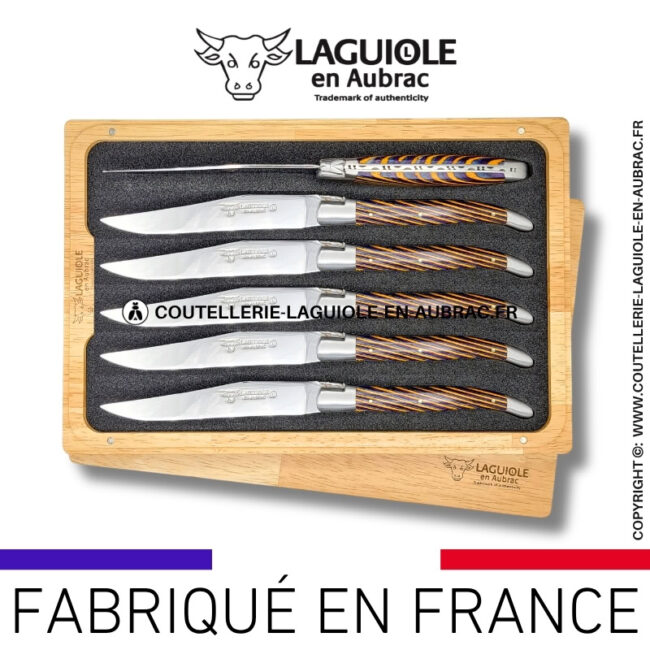 couteaux de table laguiole en aubrac en marqueterie bicolore jaune (set de 6)