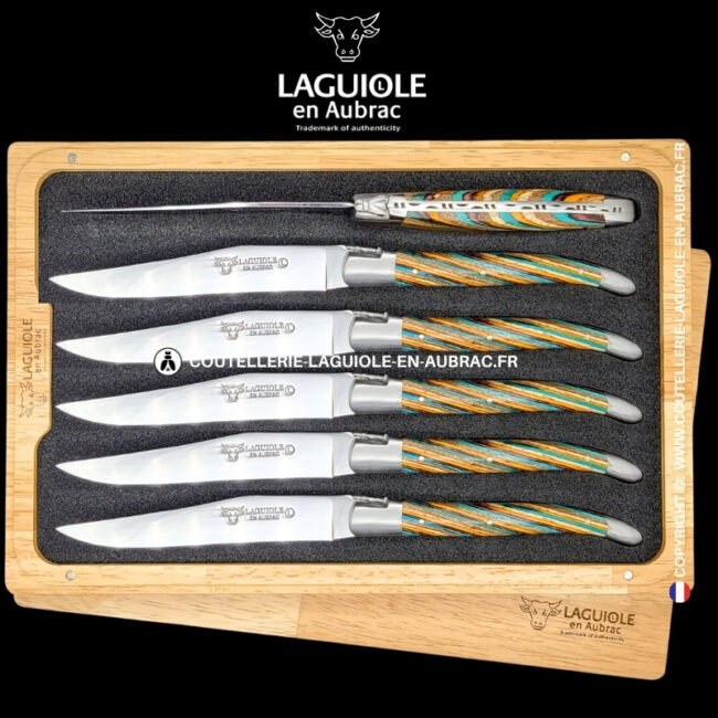 couteaux de table laguiole en aubrac en marqueterie bicolore marron (set de 6)