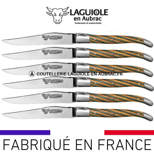 couteaux de table laguiole en aubrac en marqueterie bicolore marron (set de 6)