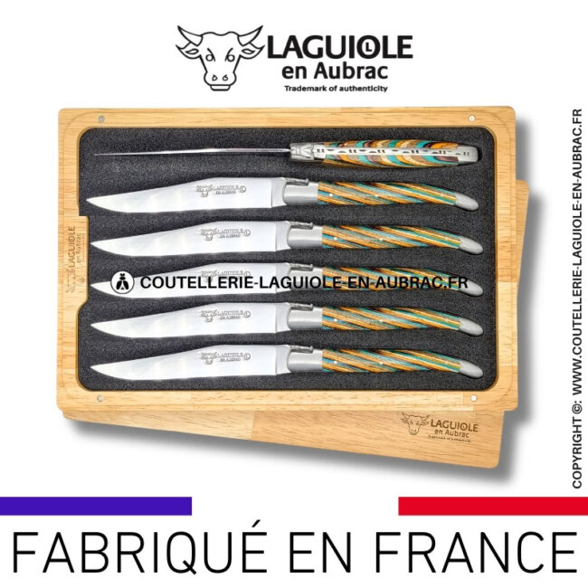 couteaux de table laguiole en aubrac en marqueterie bicolore marron (set de 6)
