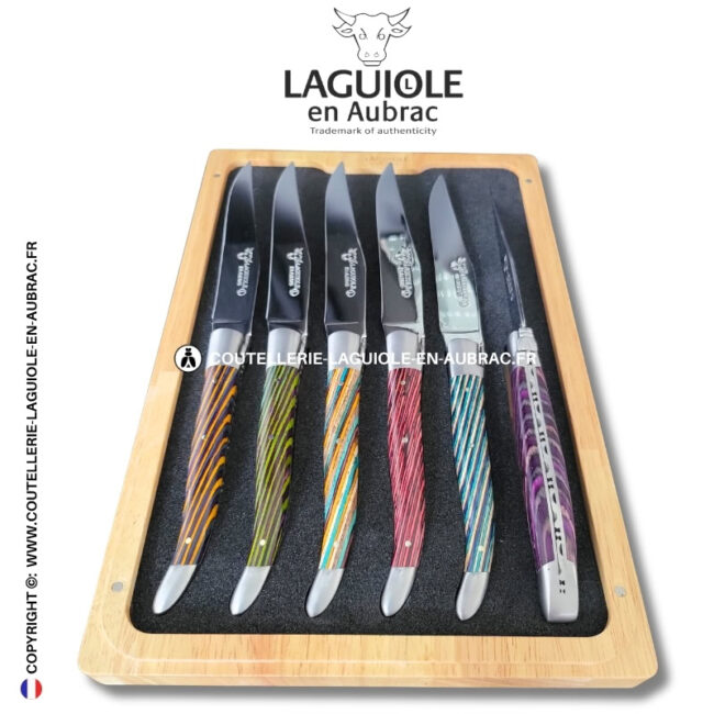 couteaux de table laguiole en aubrac en marqueterie bicolore mixte (set de 6)