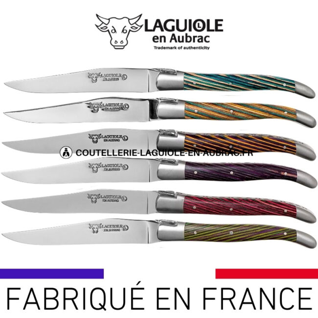 couteaux de table laguiole en aubrac en marqueterie bicolore mixte (set de 6)