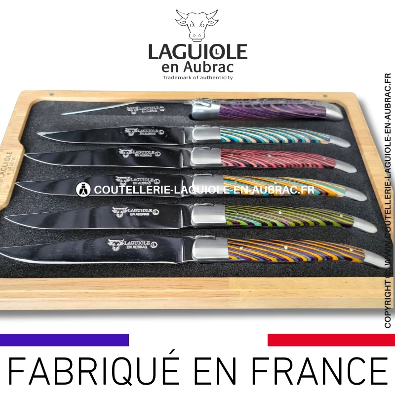 couteaux de table laguiole en aubrac en marqueterie bicolore mixte (set de 6)