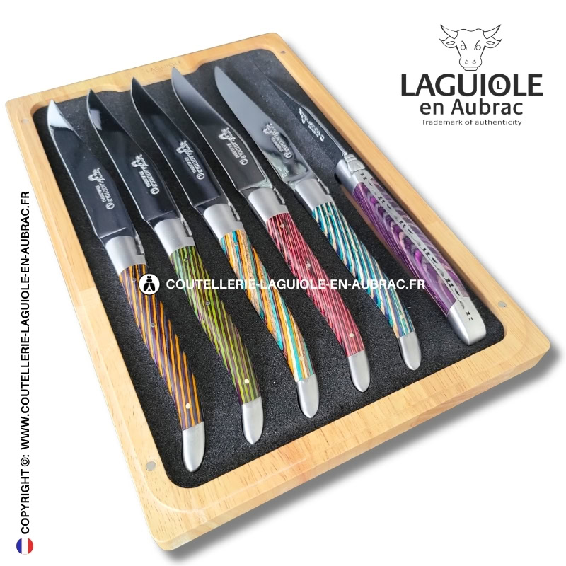 couteaux de table laguiole en aubrac en marqueterie bicolore mixte (set de 6)
