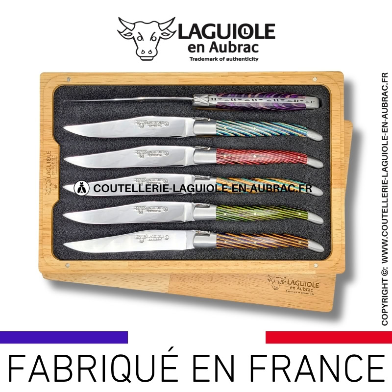couteaux de table laguiole en aubrac en marqueterie bicolore mixte (set de 6)