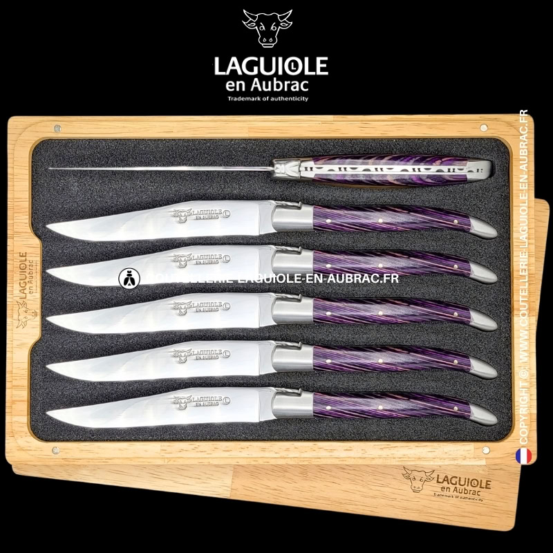 couteaux de table laguiole en aubrac en marqueterie bicolore pourpre (set de 6)