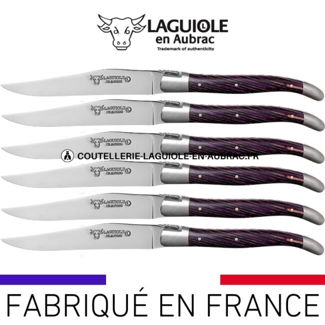 couteaux de table laguiole en aubrac en marqueterie bicolore pourpre (set de 6)