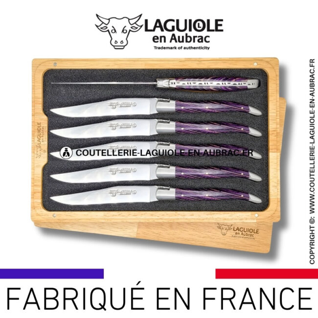 couteaux de table laguiole en aubrac en marqueterie bicolore pourpre (set de 6)