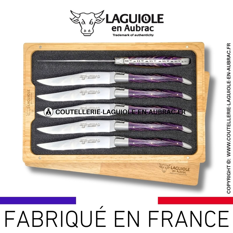 couteaux de table laguiole en aubrac en marqueterie bicolore pourpre (set de 6)
