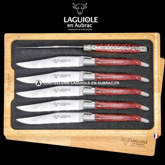 couteaux de table laguiole en aubrac en marqueterie bicolore rose (set de 6)