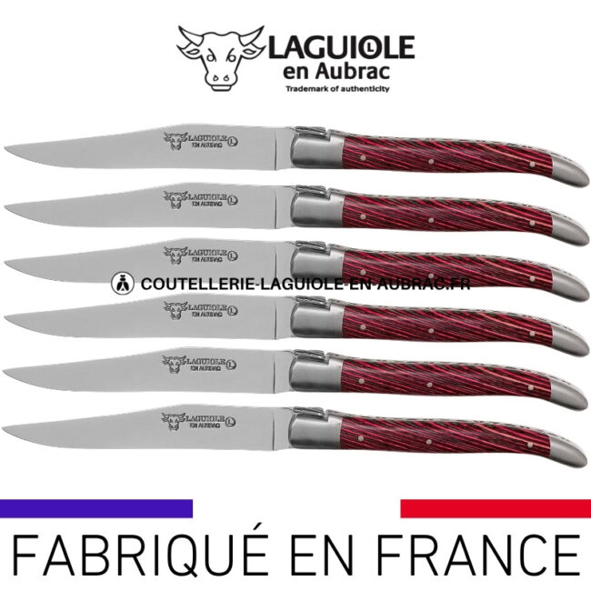 couteaux de table laguiole en aubrac en marqueterie bicolore rose (set de 6)