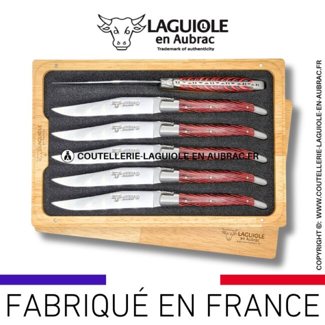 couteaux de table laguiole en aubrac en marqueterie bicolore rose (set de 6)