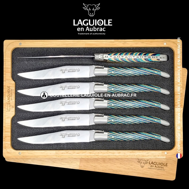 couteaux de table laguiole en aubrac en marqueterie bicolore turquoise (set de 6)