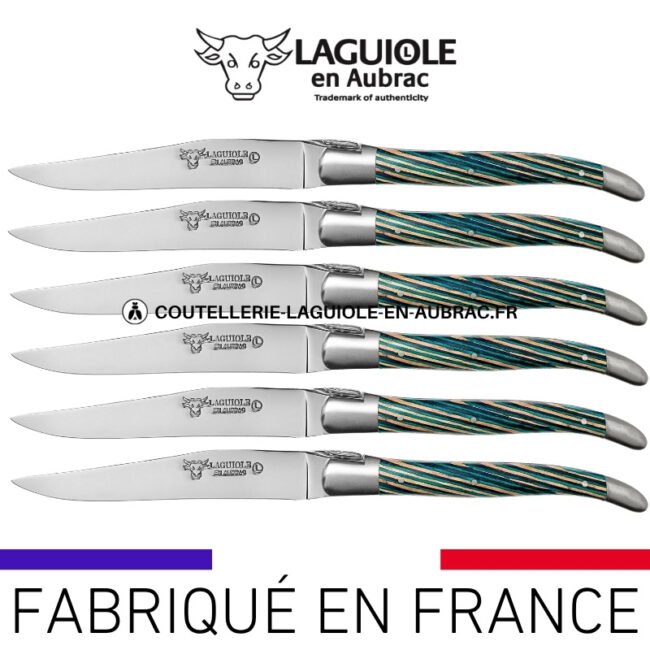 couteaux de table laguiole en aubrac en marqueterie bicolore turquoise (set de 6)
