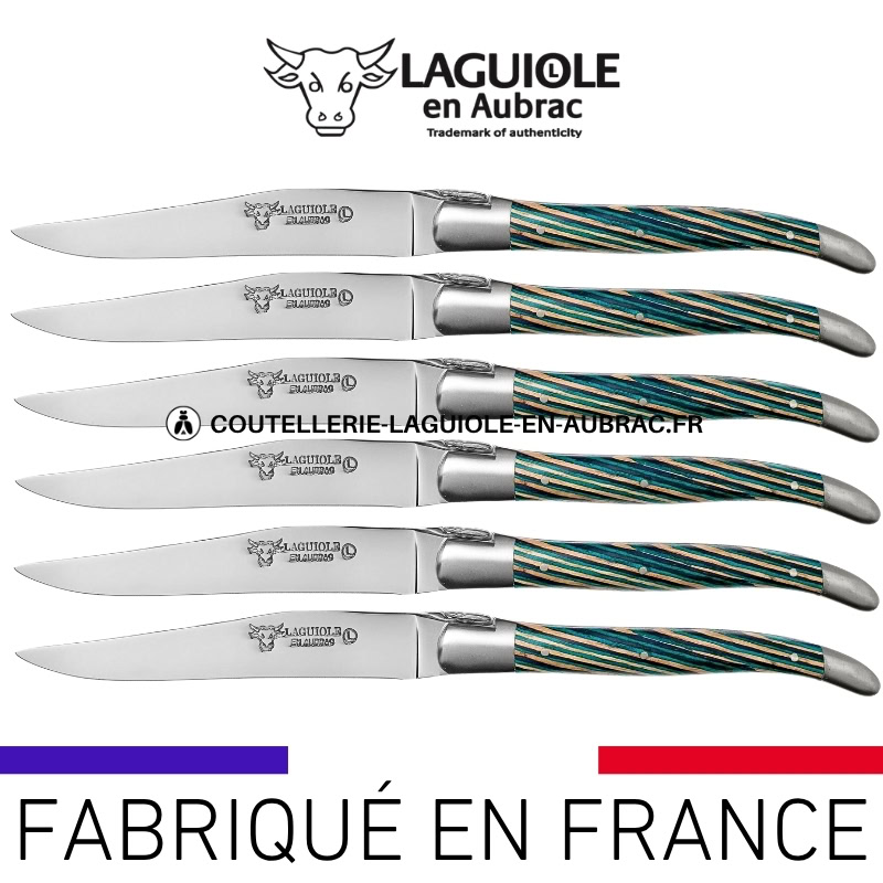 couteaux de table laguiole en aubrac en marqueterie bicolore turquoise (set de 6)