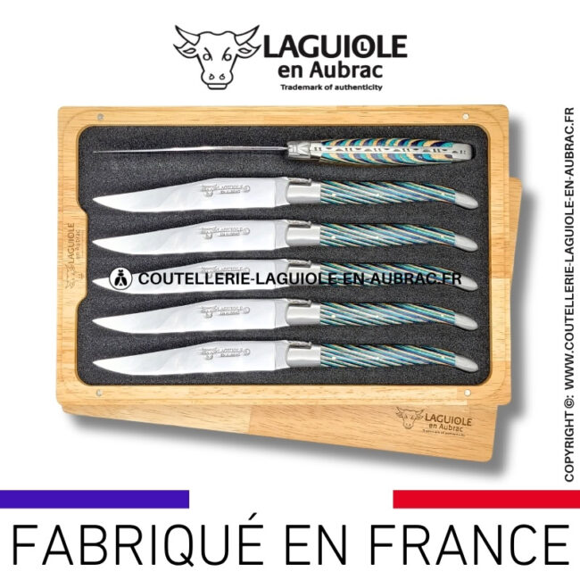 couteaux de table laguiole en aubrac en marqueterie bicolore turquoise (set de 6)