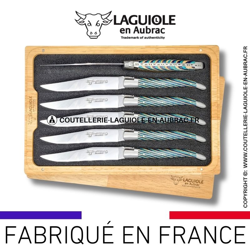 couteaux de table laguiole en aubrac en marqueterie bicolore turquoise (set de 6)