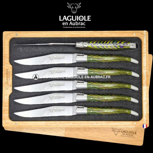 couteaux de table laguiole en aubrac en marqueterie bicolore vert (set de 6)