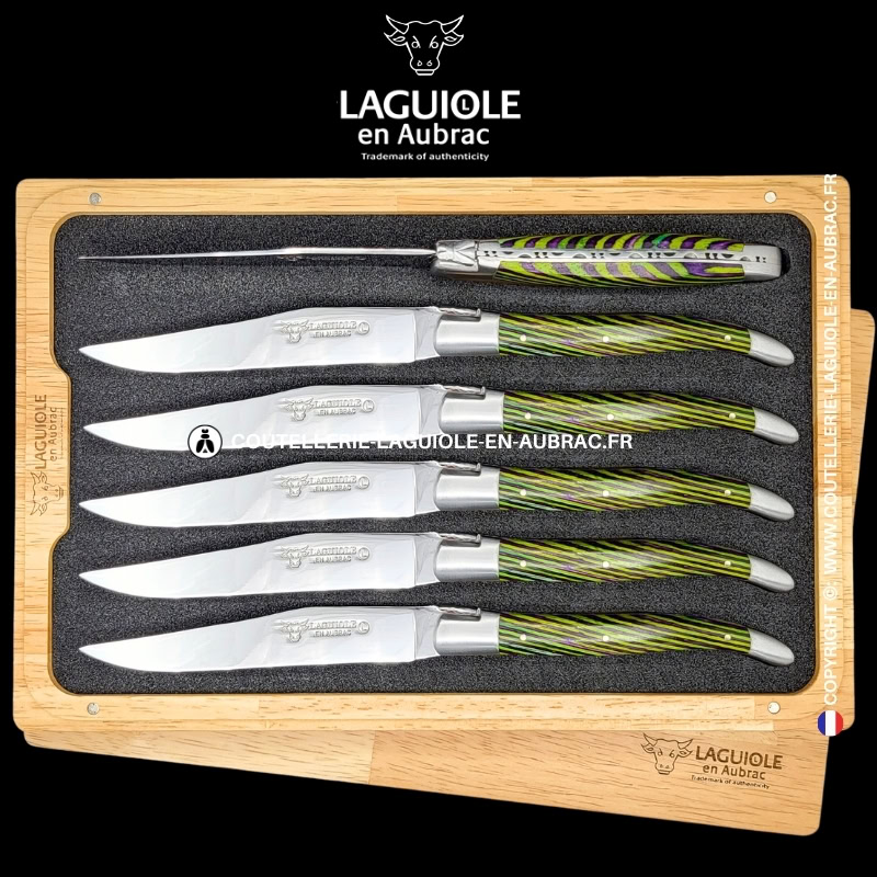 couteaux de table laguiole en aubrac en marqueterie bicolore vert (set de 6)