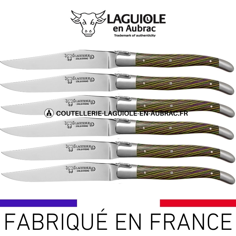 couteaux de table laguiole en aubrac en marqueterie bicolore vert (set de 6)