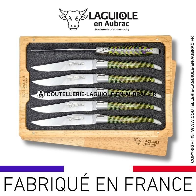 couteaux de table laguiole en aubrac en marqueterie bicolore vert (set de 6)