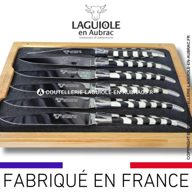 couteaux de table laguiole en aubrac en marqueterie damier os de bœuf et Ébène (set de 6)